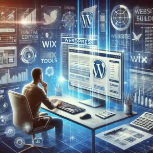 DALL·E 2024-06-27 15.59.33 - A dynamic and professional scene of website building. At the center, a computer screen shows an open website editor like WordPress. Surrounding the sc
